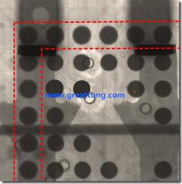 BGA錫球尺寸小于0.4mm，采用降低BGA內(nèi)圍襲球的錫膏量所得到X-Ray，稍微留意一下可以發(fā)現(xiàn)最外圈的錫量(圓的直徑)比其他內(nèi)圍的錫球上的錫量來(lái)得多一點(diǎn)點(diǎn)。也就是外圈的黑色圓形直徑比內(nèi)圈的圓形來(lái)得大一點(diǎn)點(diǎn)。