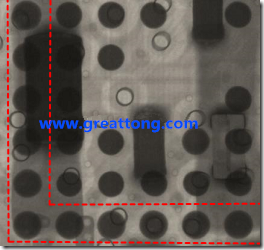 BGA錫球尺寸小于0.4mm，采用降低BGA內(nèi)圍襲球的錫膏量所得到X-Ray，稍微留意一下可以發(fā)現(xiàn)最外圈的錫量(圓的直徑)比其他內(nèi)圍的錫球上的錫量來(lái)得多一點(diǎn)點(diǎn)。也就是外圈的黑色圓形直徑比內(nèi)圈的圓形來(lái)得大一點(diǎn)點(diǎn)。
