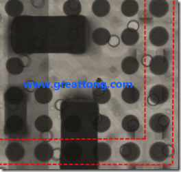 BGA錫球尺寸小于0.4mm，采用降低BGA內(nèi)圍襲球的錫膏量所得到X-Ray，稍微留意一下可以發(fā)現(xiàn)最外圈的錫量(圓的直徑)比其他內(nèi)圍的錫球上的錫量來(lái)得多一點(diǎn)點(diǎn)。也就是外圈的黑色圓形直徑比內(nèi)圈的圓形來(lái)得大一點(diǎn)點(diǎn)。
