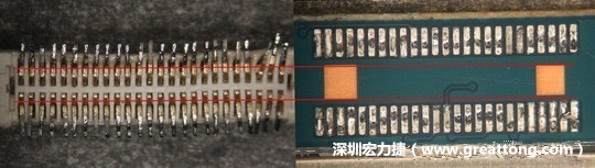 把板對板連接器與其電路板的佈線焊墊作一個比較，端子的切斷面有毛邊的地方剛好對到了裸銅區(qū)。