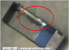 使用錫(Sn)鍍層的電源電感器(Power Inductors)，經(jīng)過推力測試后，其焊點還保留在零件的端點上，所以推力比較高。