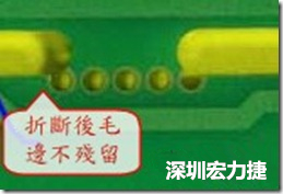 郵票孔設計較佳,分板后雖然也有毛邊產(chǎn)生,但大體所有的毛邊都可以平整于成型線以內(nèi),不致造成組裝的干涉。