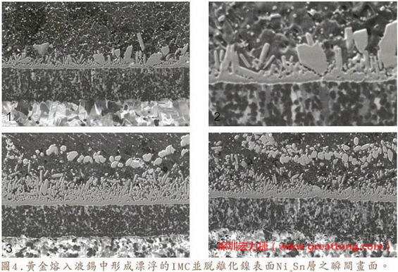 下面四張圖片為放大4500倍的SEM圖像，說明在回流焊爐熱量不足的情況下，黃金成份正要從鎳層分離融入焊錫之中的瞬間，當(dāng)零件遭受外力沖擊的時(shí)候就極有可能從這一整排AuSn、、AuSn2或AuSn4的IMC處裂開。