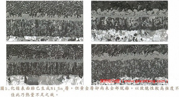 下面四圖顯示，當(dāng)焊接的熱量不足或未持續(xù)時(shí)，雖然Ni3Sn4的薄薄IMC層已經(jīng)生成而焊牢，但也會因?yàn)锳uSn及AuSn2還未來得及逸走，而停留在共金介面附近，當(dāng)有外力拉扯的時(shí)候，就很容易斷裂開來。這就是為何ENIG的焊點(diǎn)強(qiáng)度，始終不如銅面焊點(diǎn)(Cu6Sn5)來得更為牢固的主因之一。