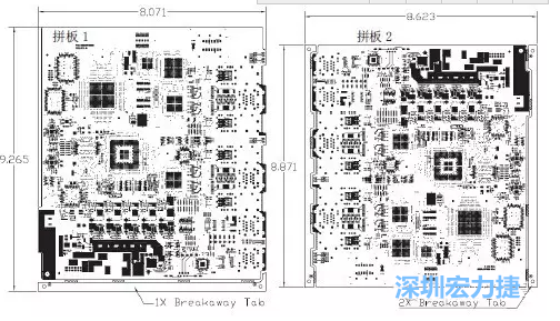 如圖7所示是使用不同數(shù)量邊條的拼板，拼板1僅使用了一個邊條，直接利用PCB另一邊作為SMT工藝傳送邊，并且PCB圖形中有合適的安裝孔；而拼板2則是按常規(guī)設(shè)計了兩個邊條。拼板方式為連接筋。圖中“Breakaway Tab”指邊條-深圳宏力捷