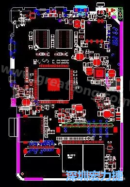 上圖是一個(gè)開(kāi)發(fā)板的PCB，從布局中可以看出各個(gè)接口電路分離很明確，SDRAM和DDR以及SD卡接口電路等走線不會(huì)造成相互的干擾。-深圳宏力捷