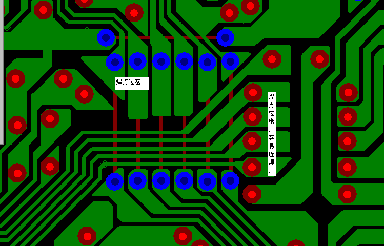 PCB設(shè)計(jì)焊點(diǎn)過密，易造成波峰連焊，焊點(diǎn)間漏電