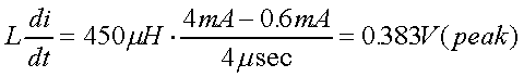 舉例來說，一個閘在"ON"而載有4mA的電流時，突然開關(guān)切到"OFF"且現(xiàn)在載有0.6mA的電流，假設開關(guān)時間為4msec，載有450mH的電感信號的導體，此時所產(chǎn)生的電壓突波為