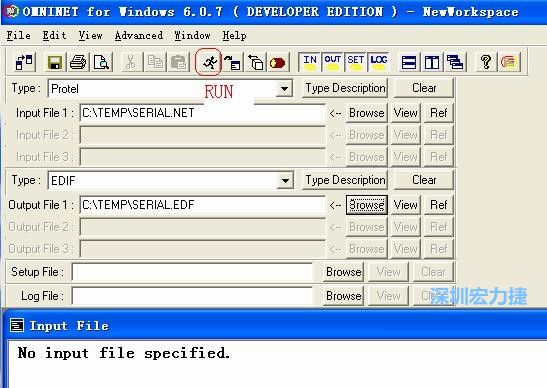 輸出文件類型(Type)選 EDIF。Output File 1 指定輸出文件的文件名和路徑。然后點擊 Run(跑動的小人)。
