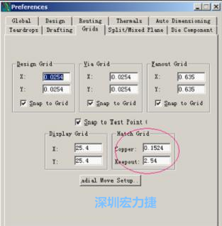  改銅皮的填充網(wǎng)格Global→Design Units，填充方向Drafting→Direction；Hatch Grid中Copper此數(shù)值為大銅箔中所填充的線條中心到中心的距離。