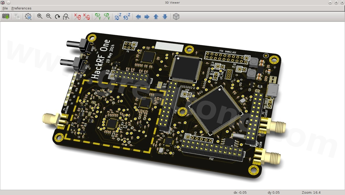 經(jīng)KiCad軟體3D功能渲染過的HackRF One電路板。