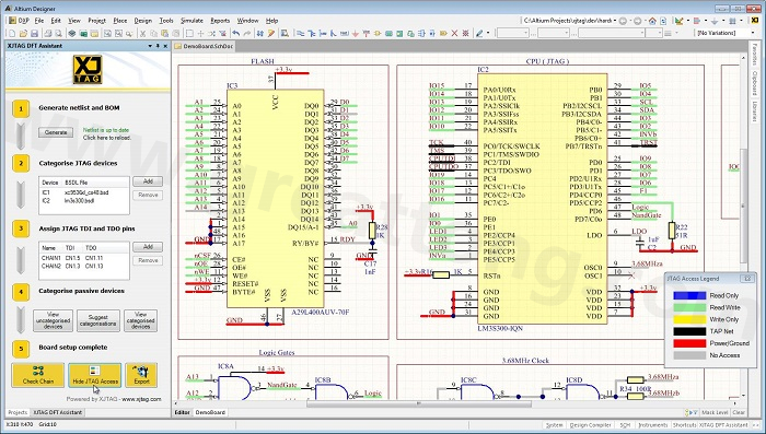 XJTAG DFT Assistant的Access Viewer模式可以清楚地顯示可用的測試存取層級，讓電路板設(shè)計(jì)人員在展開PCB布局以前的原理圖擷取階段盡可能地提高測試存取能力