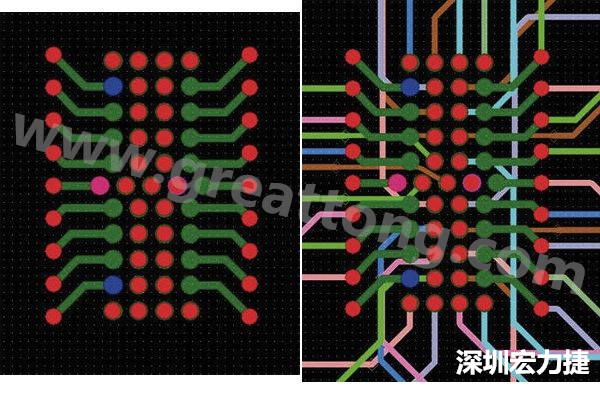 圖7：焊盤內(nèi)過孔用于內(nèi)部，而外部接腳在0.5mm閘格上扇出。圖7a顯示的是頂層(左)；圖7b顯示頂層和內(nèi)部布線層(右)。
