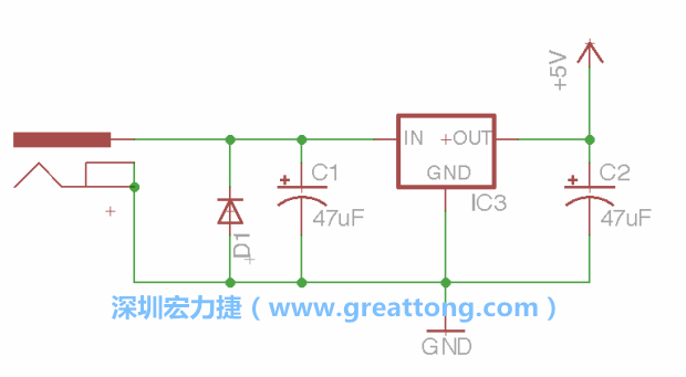 新增RBBB→Power_Jack，將它放在電壓調(diào)整器的輸入端旁邊。