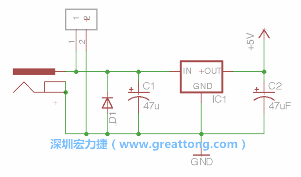 2.5.    新增一個二極體，它會以水平的狀態(tài)出現(xiàn)在屏幕上，請使用「旋轉(zhuǎn)（Rotate）」工具把它負極那一面朝上，并且用「網(wǎng)絡連接」工具將它連接在電壓調(diào)整器的輸入端和接地端之間。