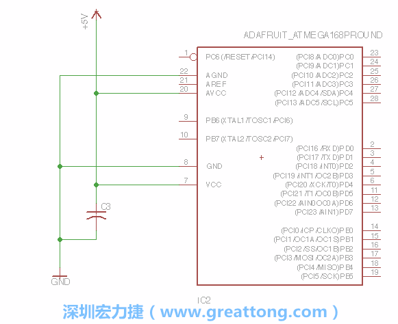 3.1.    新增微控制器晶片（RBBB → ATmega），把它放在電路原理圖的中央附近，把它的兩個(gè)接地接頭連接到接地訊號(hào)端。