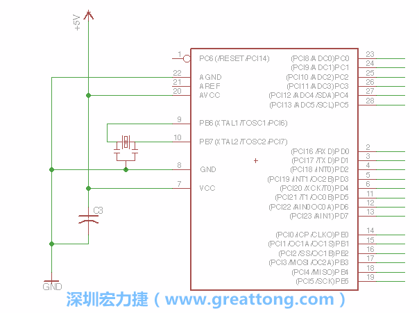 3.2.    在靠近ATmega的電源供應(yīng)針腳7的位置放置一個(gè)0.1μF的電容，將它分別連接電源、接地端和針腳7。
