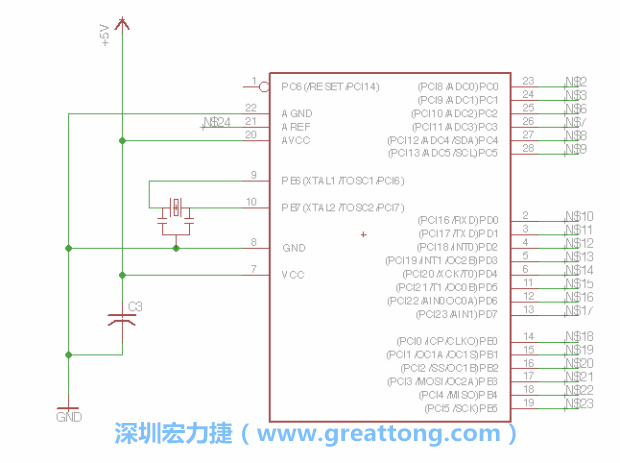 3.3.    將共鳴器（resonator）放置在針腳9和針腳10附近，將它的三個(gè)針腳連接如圖所示，并確認(rèn)最中間的針腳有連到接地端。