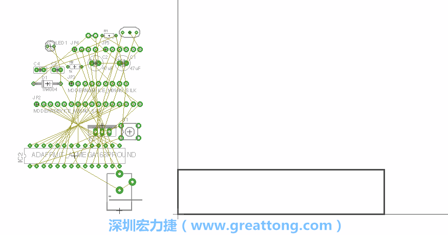 第一次執(zhí)行布線編輯器時(shí)，你會(huì)發(fā)現(xiàn)有兩個(gè)區(qū)塊，左邊的區(qū)塊非?；靵y，而右邊的區(qū)塊則是一個(gè)長(zhǎng)方形的工作區(qū)域，EAGLE免費(fèi)版會(huì)限制你的工作區(qū)域在4” x 3.2”的范圍內(nèi)，如果你試圖將元件擺放在工作區(qū)外的話，就會(huì)跳出警示訊息。