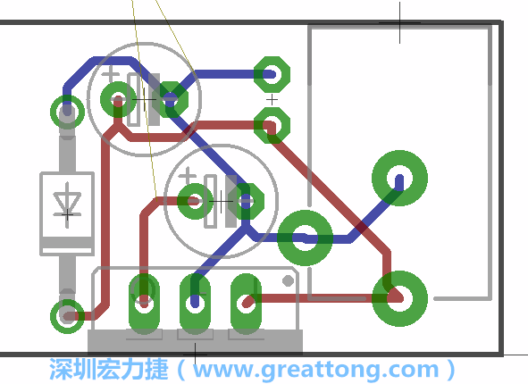 接地連結(jié)點(diǎn)的布線情形如下圖所示，利用這個(gè)練習(xí)來避免電路連線銳角化的產(chǎn)生是一個(gè)不錯(cuò)的選擇，你可以在工具列中的彎曲線路（Wire Bend）選項(xiàng)里改變各種布線的變化。