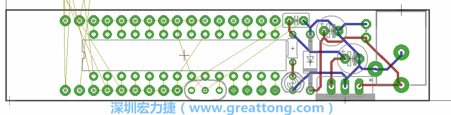 將ATmega微控制器、三個(gè)GPIO排針（JP2, JP3, JP4）和諧振器（resonator）排置如上圖所示。