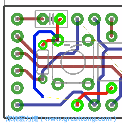 要在電路板正面進(jìn)行+5V信號(hào)線連結(jié)和其他連結(jié)點(diǎn)的布線工作是非常容易的，而重置信號(hào)線（信號(hào)線用來連結(jié)電路板正面左邊的重置開關(guān)）需要經(jīng)過一個(gè)可以通過電路板正反兩面的電路通道，這個(gè)通道是一個(gè)可以讓電路板正反兩面線路連接的一個(gè)小孔。
