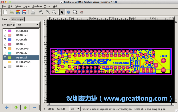 將圖層匯入你的Gerber預覽工具內(nèi)（下圖為Gerbv），我通常會從上到下重新排列它們的順序，好讓我比較好校對：